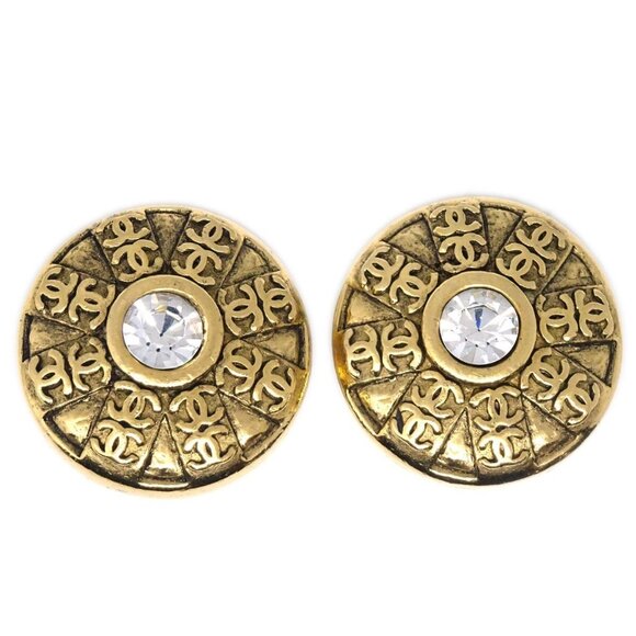 Chanel Button Rhinestone Earrings Clip-On Gold - Picture 1 of 4